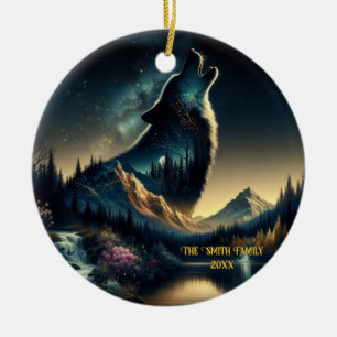 Howling Wolf Ceramic Tree Decoration