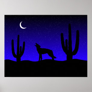 Howling Wolf Desert Night Silhouette Poster