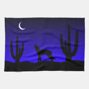 Howling Wolf Desert Night Silhouette Tea Towel
