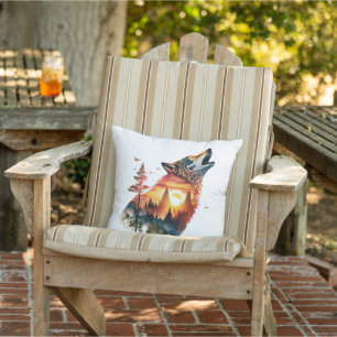 Howling wolf double exposure sunset cushion