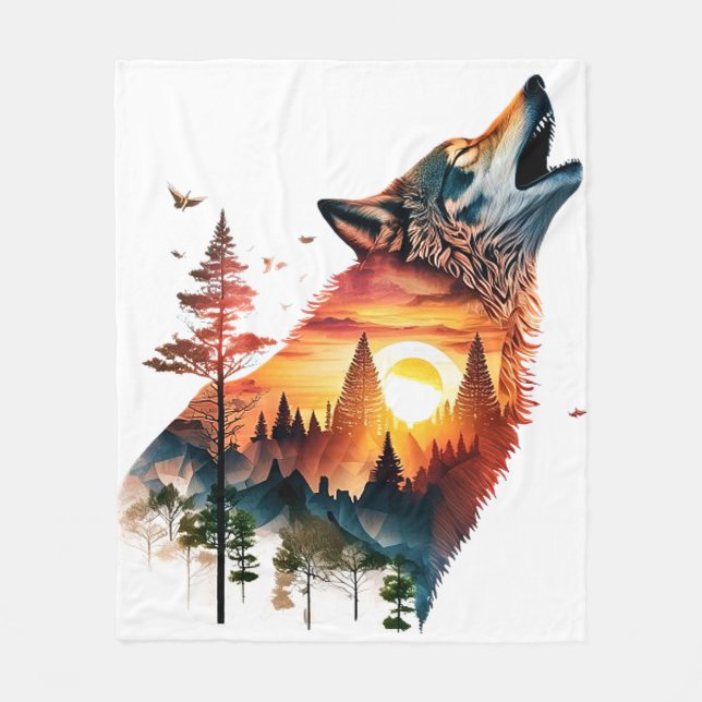 Howling wolf double exposure sunset fleece blanket (Front)