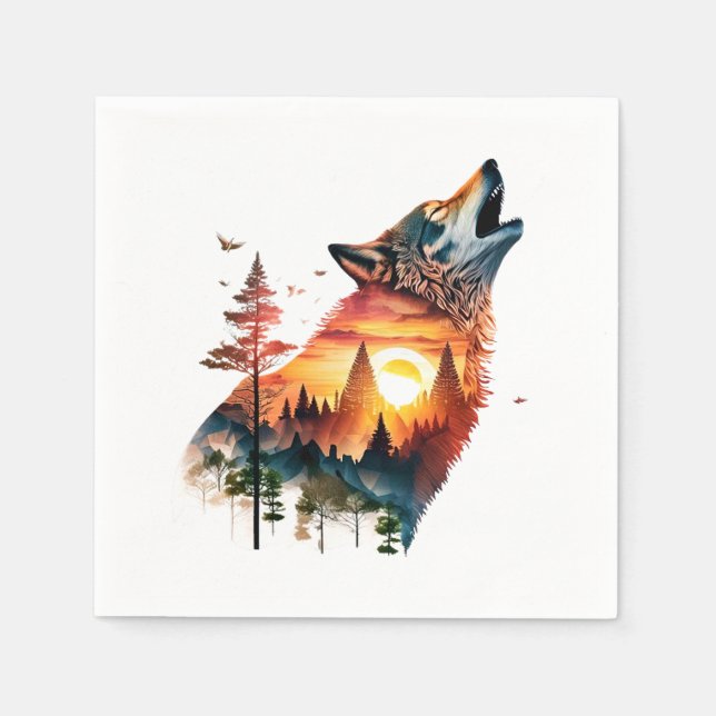 Howling wolf double exposure sunset napkin (Front)