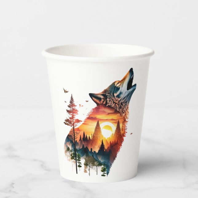 Howling wolf double exposure sunset paper cups (Front)