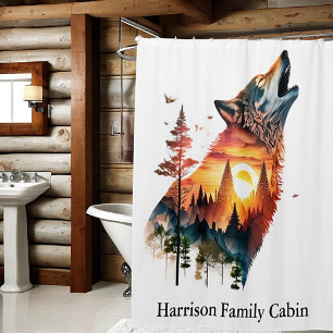 Howling wolf double exposure sunset personalised shower curtain