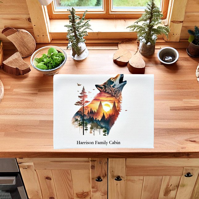 Howling wolf double exposure sunset personalised tea towel (Creator Uploaded)