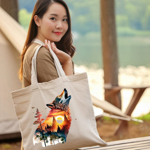 Howling wolf double exposure sunset tote bag