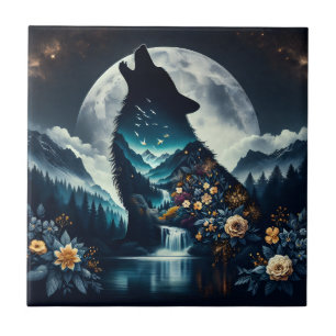 Howling Wolf   Full Moon Ai Art Tile