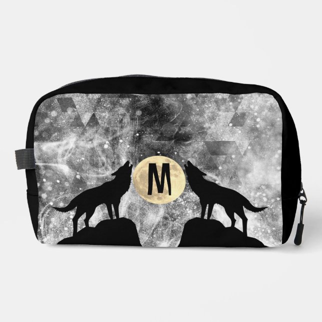 Howling Wolf Full moon black white Custom Monogram Dopp Kit (Front)