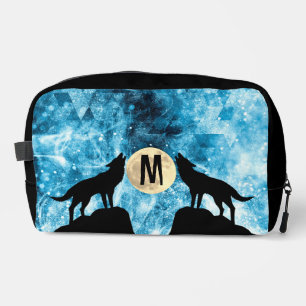 Howling Wolf Full moon blue black Custom Monogram Dopp Kit