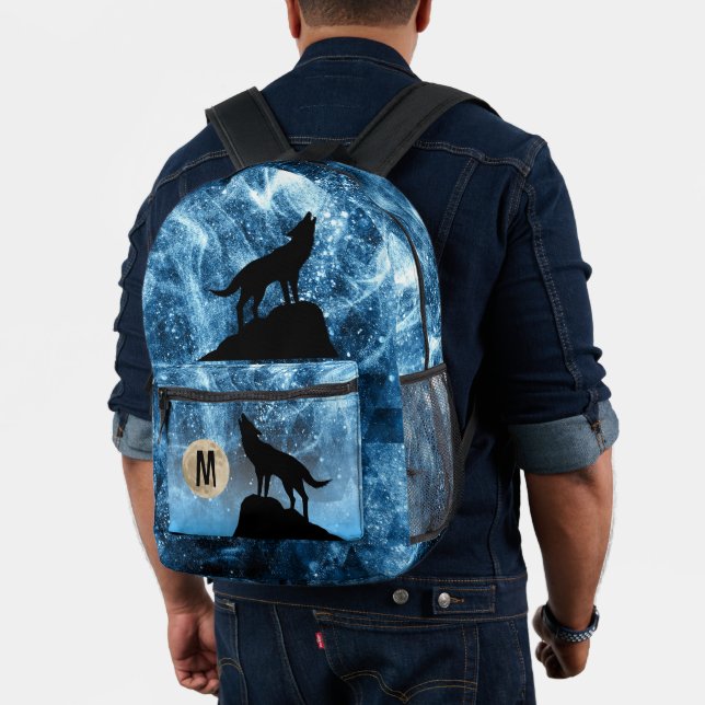 Howling Wolf full moon blue black Custom Monogram Printed Backpack (Insitu (Model))