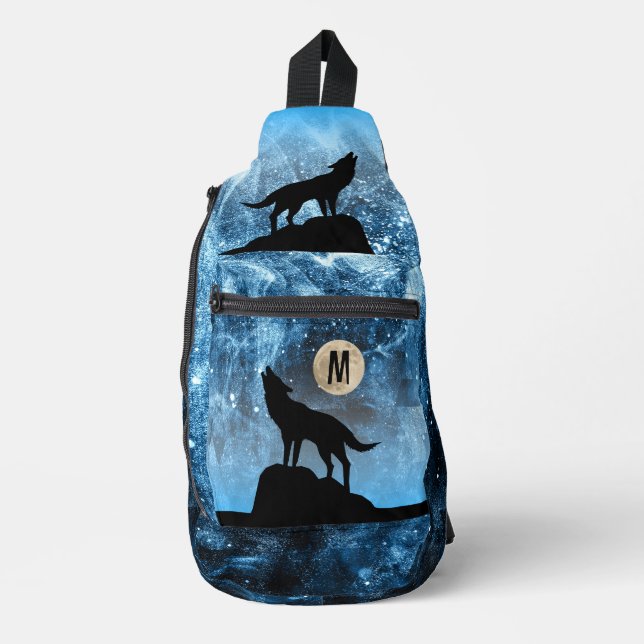 Howling Wolf full moon blue black Custom Monogram Sling Bag (Front)