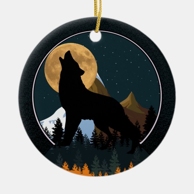 Howling Wolf Full Moon Ceramic Tree Decoration (Front)