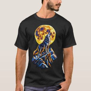 Howling Wolf Golden Full Moon Black Graphic T-Shir T-Shirt