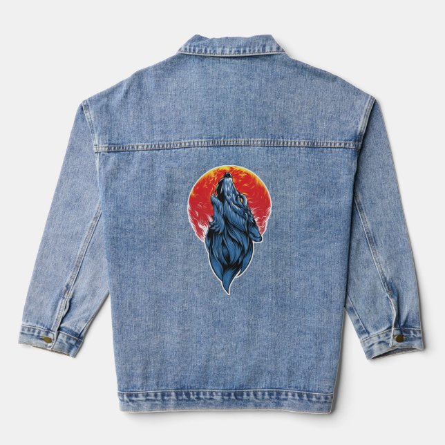 Howling Wolf Illustration Denim Jacket (Back)