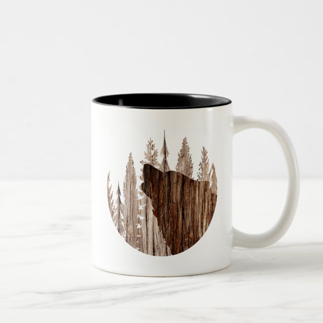 Howling Wolf In Textured Wood Two-Tone Coffee Mug (Right)