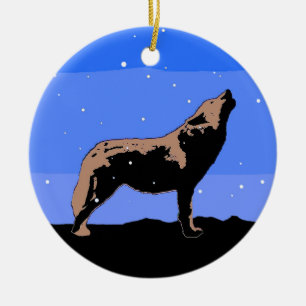 Howling Wolf in Winter - Original Wildlife Art Ceramic Tree Decoration