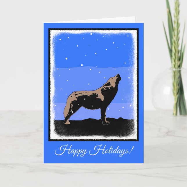 Howling Wolf in Winter  - Original Wildlife Art Holiday Card (Front)