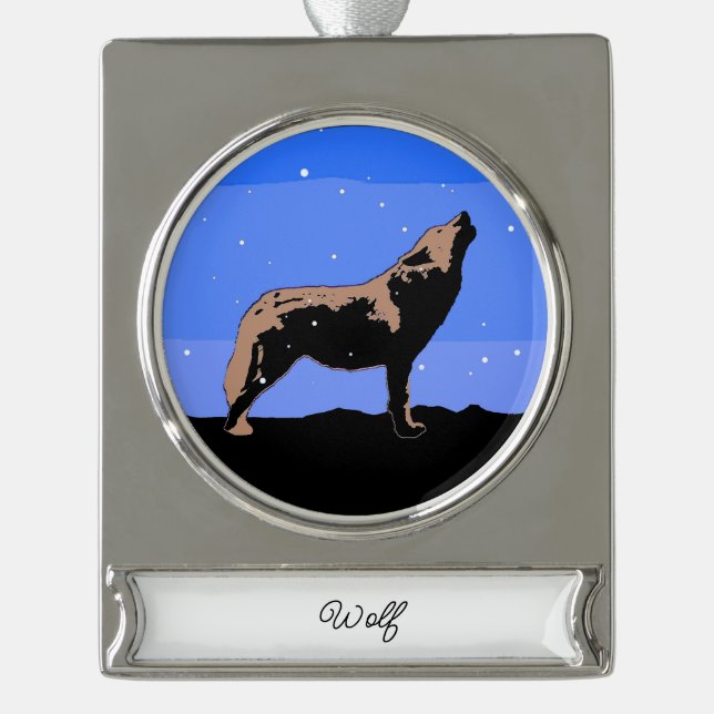 Howling Wolf in Winter  - Original Wildlife Art Silver Plated Banner Ornament (Front)