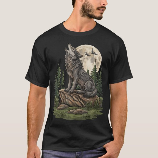 Howling Wolf Moon Night Landscape Wilderness T-Shirt (Front)