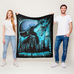 Howling Wolf Moon Pine Forest Art Fleece Blanket