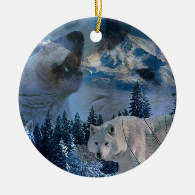 Howling Wolf Pack Ceramic Tree Decoration (Front)
