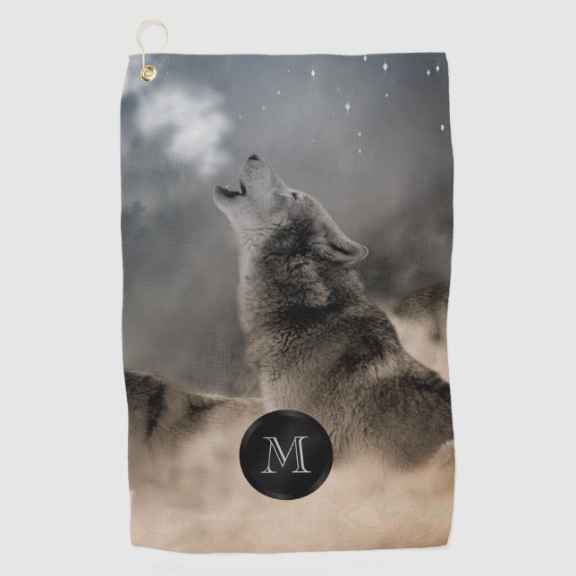 Howling Wolf Photo Monogram Golf Towel (Front)