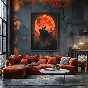 Howling Wolf Poster with Blood Moon & Dark Forest