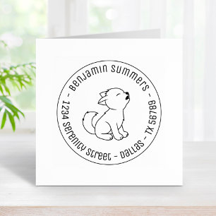 Howling Wolf Pup Round Address Rubber Stamp