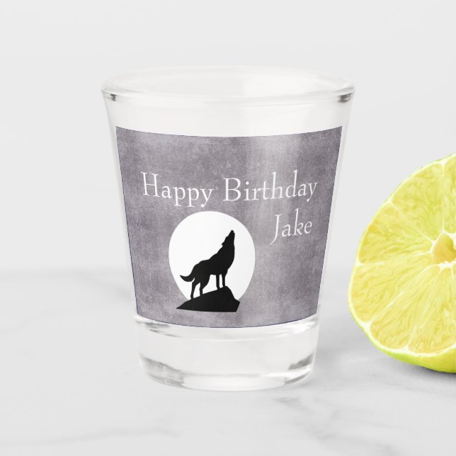Howling Wolf Silhouette Birthday Customisable Shot Glass (Front)