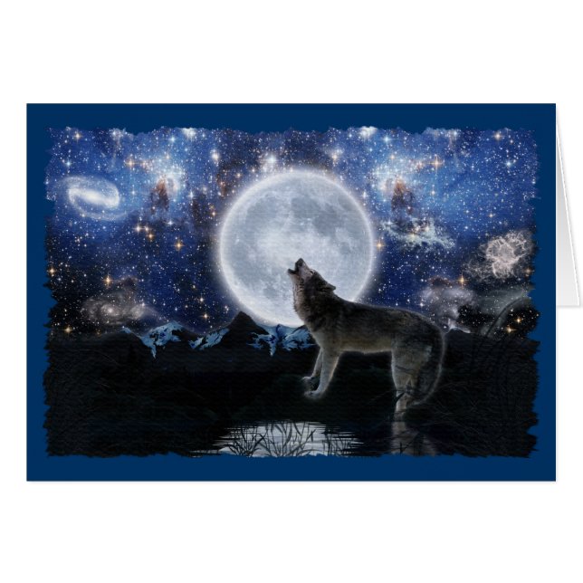 HOWLING WOLF, STARS & MOON Wildlife Card (Front Horizontal)