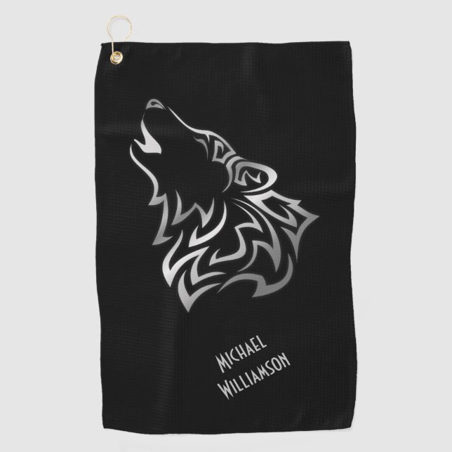 Howling Wolf Tribal Black and Silver Monogram Golf Towel (Front)