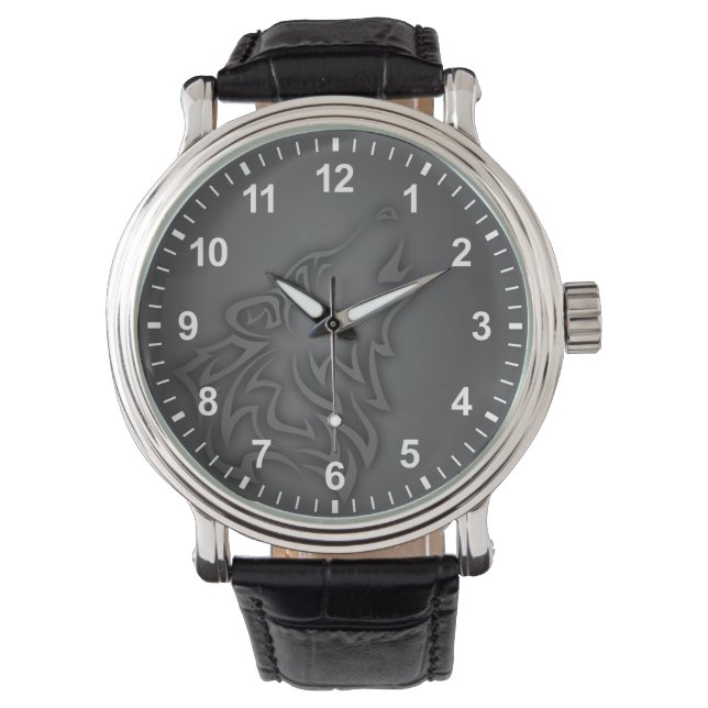 Howling Wolf Tribal Black Grey Numbers Watch (Front)