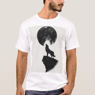 Howling Wolf Under Full Moon – Minimalist T-Shirt