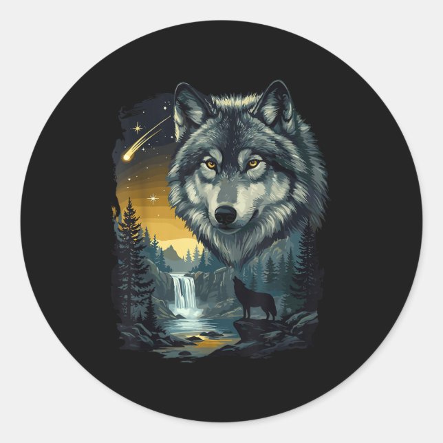 Howling Wolf Waterfall Scene For Nature Lovers And Classic Round Sticker (Front)