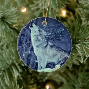 Howling Wolf Winter Forest Ceramic Tree Decoration