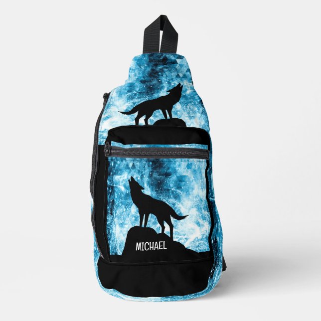 Howling Wolf Winter snowy blue black Custom name Sling Bag (Front)