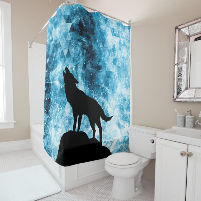 Howling Wolf Winter snowy blue smoke Abstract Shower Curtain (In Situ)