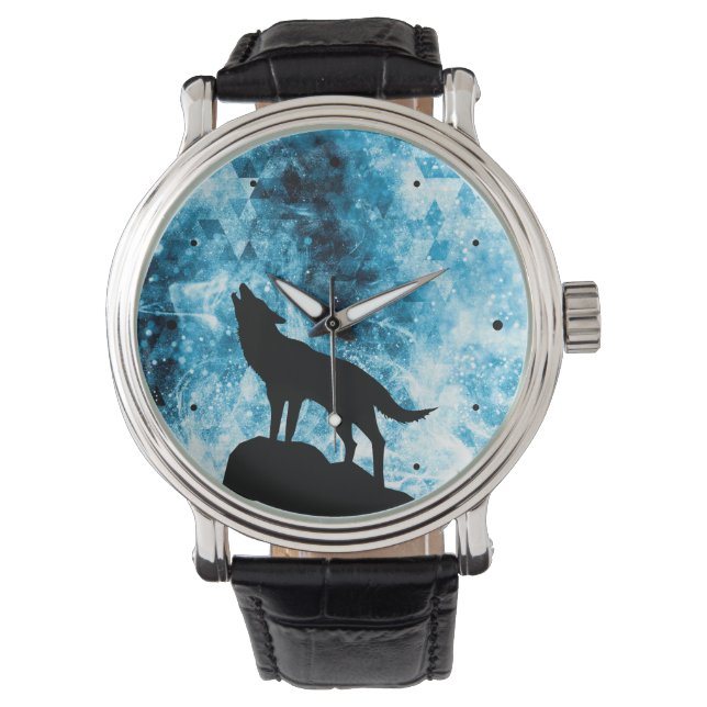 Howling Wolf Winter snowy blue smoke Abstract Watch (Front)