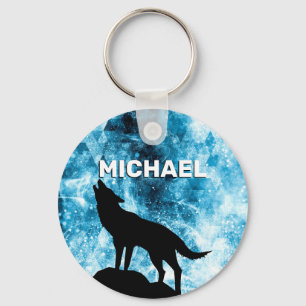 Howling Wolf Winter snowy blue smoke Custom Name Key Ring
