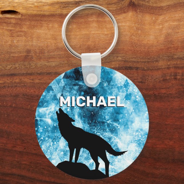 Howling Wolf Winter snowy blue smoke Custom Name Key Ring (Front)