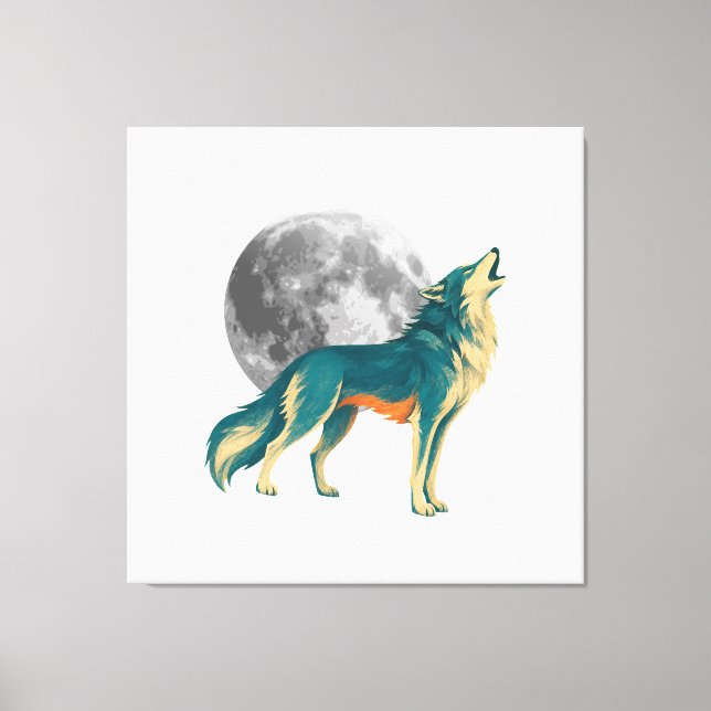 Howling Wolf with Full Moon Colourful Canvas Art | (Front)