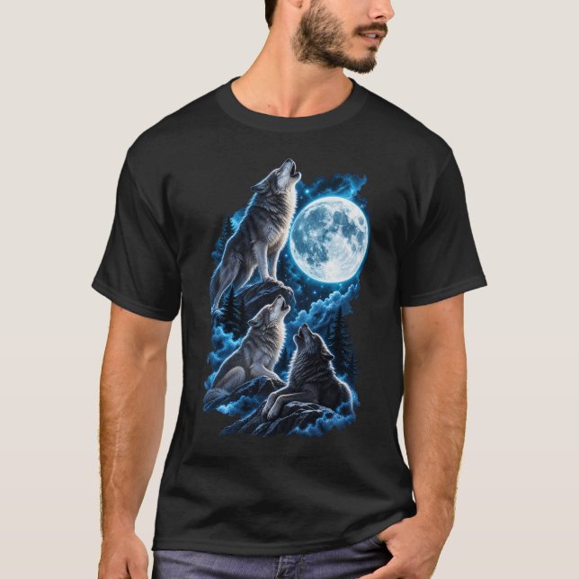 Howling Wolves Full Moon Wall Art – Wolf Pack Wild T-Shirt (Front)