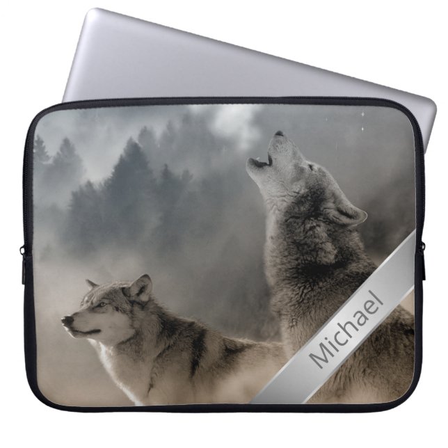 Howling Wolves Photo Monogram Laptop Sleeve (Front)