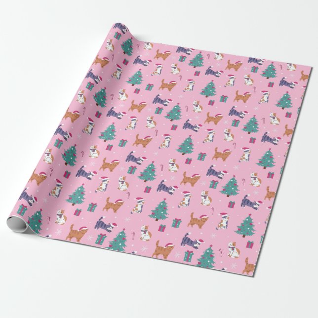 hristmas Cats and Trees Holiday Pattern Wrapping Paper (Unrolled)
