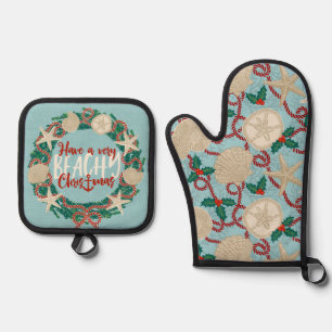 hristmas Coastal Tropical Sea Shell Wreath -Aqua Oven Mitt & Pot Holder Set