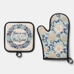 hristmas Coastal Tropical Sea Shell Wreath -Blue Oven Mitt & Pot Holder Set