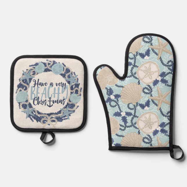 hristmas Coastal Tropical Sea Shell Wreath -Blue Oven Mitt & Pot Holder Set (Front)