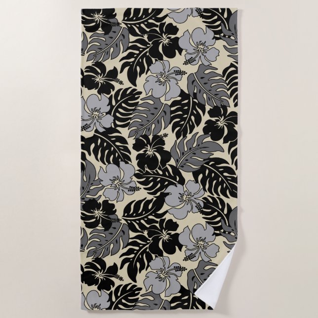 Huakini Bay Hawaiian Hibiscus Floral- Black Beach Towel (Front)