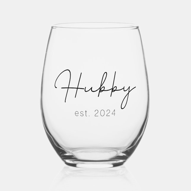 Hubby est 2024 Newlywed Gift Stemless Wine Glass (Front)
