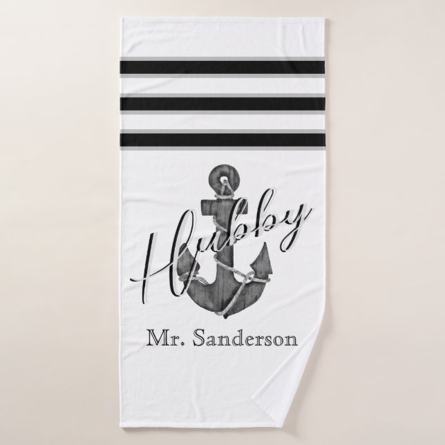 Hubby Nautical Monogram Black  White Anchor Bath Towel (Bath Towel)